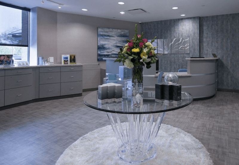 Gray with purple undertones soften the feel of this reception room