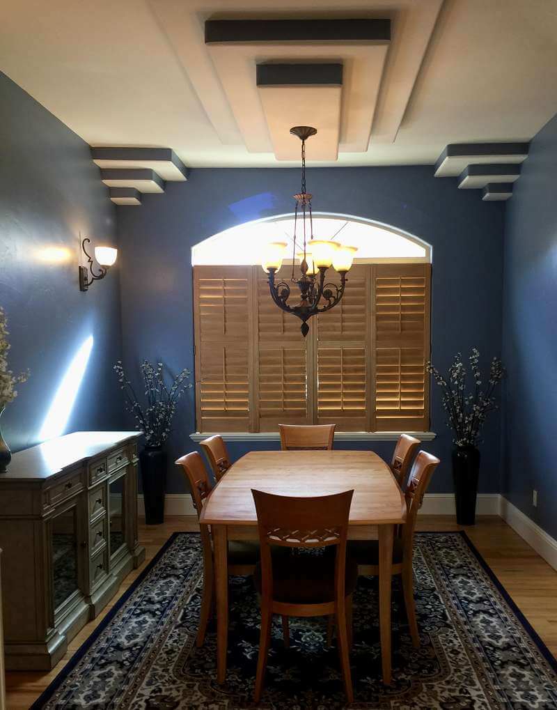 Precision Lines are What Makes this Dining Room! Specialty Painting by Jennifer Zaerr, Blue Parrot Painting. Color SW Bracing Blue