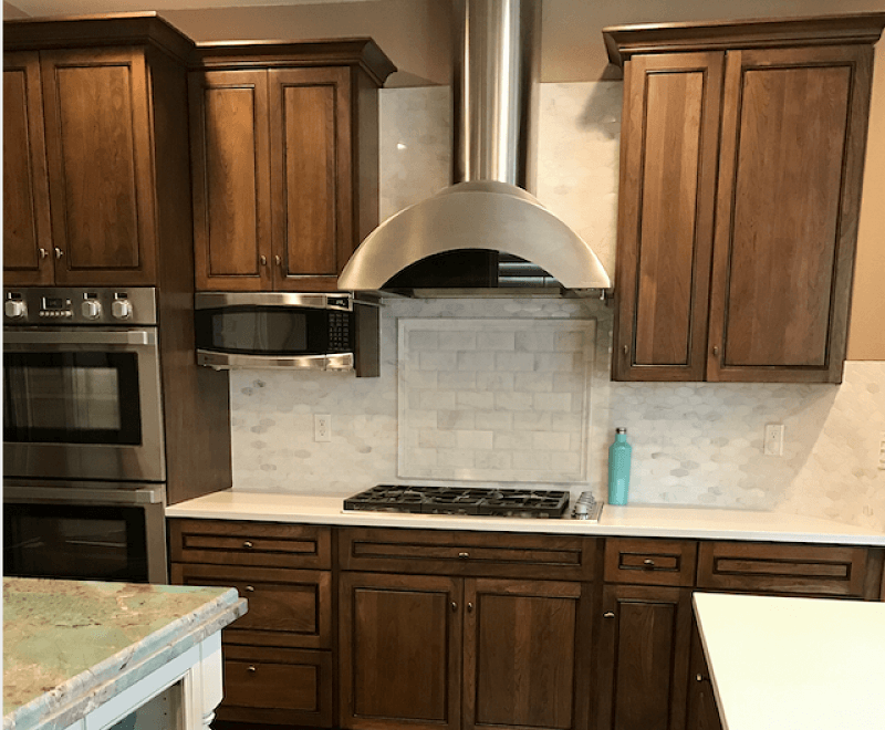 Natural Cherry Cabinetry to Custom Stain Color by Tim Zaerr, Blue Parrot Painting